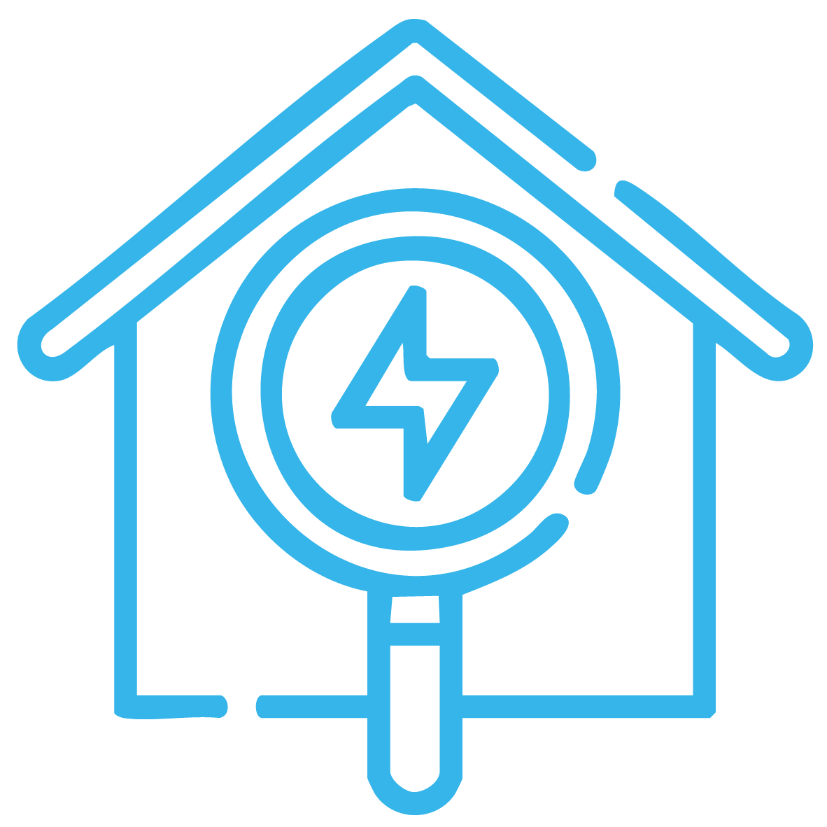 mises au normes électriques, picto d'une maison avec loupe et symbole éclair électricité